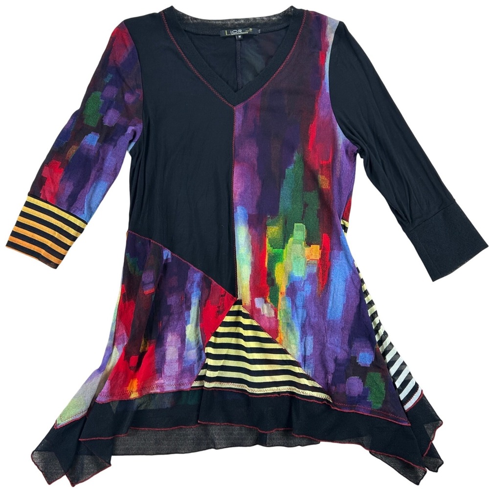 Lior Paris Tunic‎ Top Womens Medium Multicolor Abstract Patchwork Art To Wear
